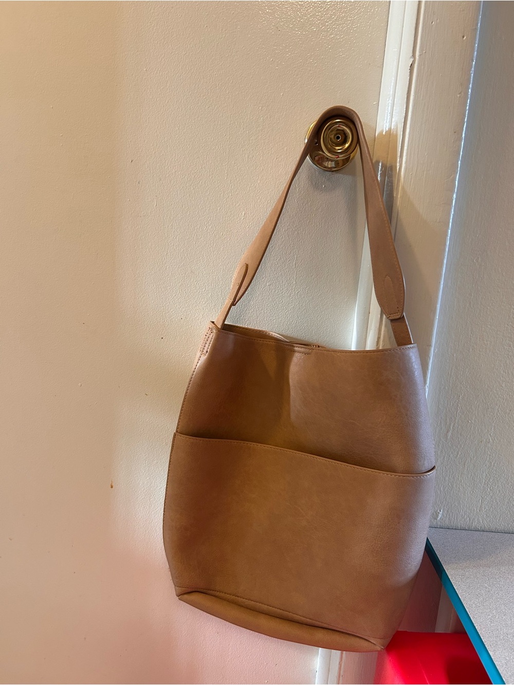 Anthropologie Tan Brown Leather-Look Shoulder Bag w bow clutch